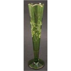 Breathtaking Hand Cut Green Glass Vase with #990229