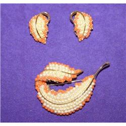 Signed BSK  Beaded Glass Brooch & Earrings  #990403