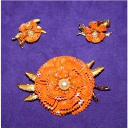 Vintage Orange Enamel Metal Brooch & Earrings  #990410