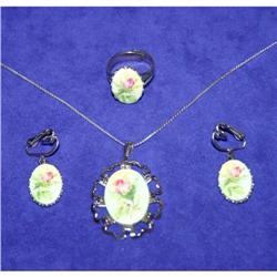 Rose Transfer on Glass Necklace Ring & Earrings #990418