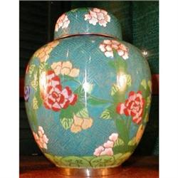 CLOISONNE Ginger Jar PEONIES Blue ANTIQUE #990709