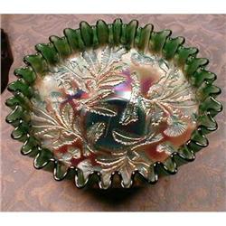 FENTON Thistle CARNIVAL Glass BOWL Green 8.5 in #990876