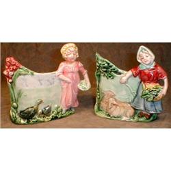 MAJOLICA Girl VASES Pair ANTIQUE Figural #990904