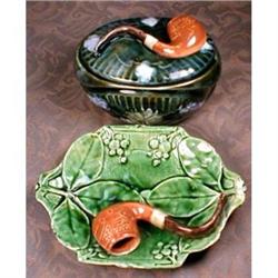 Majolica Smoking Items: Tobacco Jar+Dish PIPES #990950