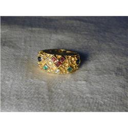 Lovely Estate 18K YG Emerald Diamond Ruby Ring #991418