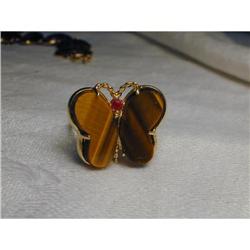 Estate 14K Ruby Gold Tiger Eye Butterfly Ring #991427