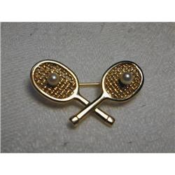Estate 18K YG Gold Pearl Tennis Racquet Brooch #991454