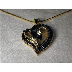 Estate 14K YG Gold Sapphire Heart Swirl Pendant #991455