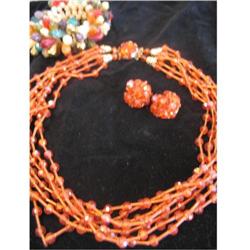 Vintage 3 pc. Orange Beaded Necklace, Earring #991486