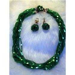 Antique Green Glass Beads Necklace & Earrings #992349