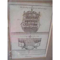 ANTIQUE FRENCH MARINE SHIP ENGRAVING FRAMED #992661