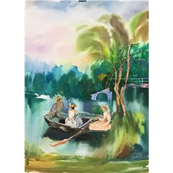 Zina Roitman- Original Watercolor "Sunday at the lake "