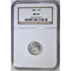 1886 SEATED LIBERTY DIME NGC MS-64