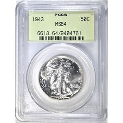 1943 WALKING LIBERTY HALF DOLLAR, PCGS MS-64