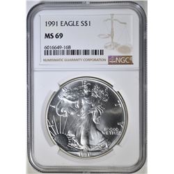 1991 AMERICAN SILVER EAGLE, NGC MS-69