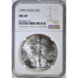 1992 AMERICAN SILVER EAGLE, NGC MS-69