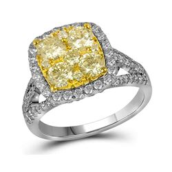 2 CTW Round Yellow Diamond Cluster Bridal Wedding Engagement Ring 14kt White Gold - REF-192T3K