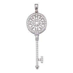 1/2 CTW Round Diamond Circle Handle Antique-style Key Pendant 10kt White Gold - REF-41R9H