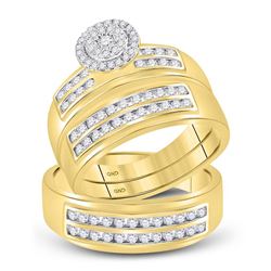 7/8 CTW His & Hers Round Diamond Cluster Matching Bridal Wedding Ring 14kt Yellow Gold - REF-87M5A