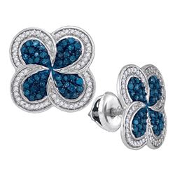 1/2 CTW Round Blue Color Enhanced Diamond Pinwheel Cluster Earrings 10kt White Gold - REF-26H3W