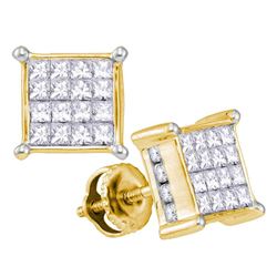 1 CTW Princess Diamond Cluster Stud Earrings 14kt Yellow Gold - REF-60K3R