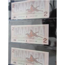 1986 MINT UNCIRCULATED SEQUENTIAL SERIAL NUMBER CANADA BIRD $2 BILLS