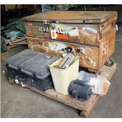 Pallet Rolling Metal & Black Hard Plastic Tool Boxes w/ Tools, Dayton Motor, etc