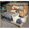 Image 1 : Pallet Rolling Metal & Black Hard Plastic Tool Boxes w/ Tools, Dayton Motor, etc