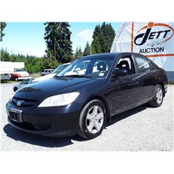 B5 --  2005 HONDA CIVIC LX  , Black , 205309  KM's