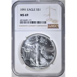 1991 AMERICAN SILVER EAGLE, NGC MS-69