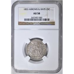 1853 ARROWS & RAYS SEATED QUARTER NGC AU-58