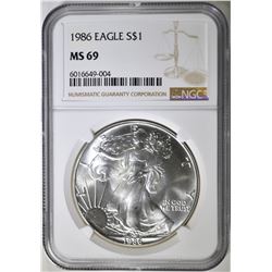 1986 AMERICAN SILVER EAGLE, NGC MS-69