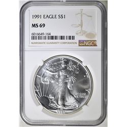 1991 AMERICAN SILVER EAGLE, NGC MS-69