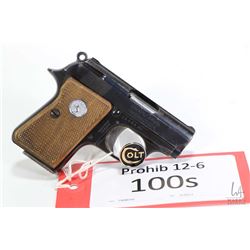 Prohib 12-6 handgun Colt model Junior Colt, .22 Short seven shot semi automatic, w/ bbl length 57mm 