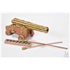 Image 2 : Two miniature brass cannons on wooden with wooden carts, cannon balls and tamper rods etc. largest w