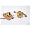 Image 1 : Two miniature cannons including 6 1/4" wooden cart with big bore cannon and a brass connon on a bras