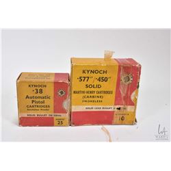 Two boxes of vintage Knoch .577/ .450  solid Martini-Henry cartridges, appears full 10 count box wit