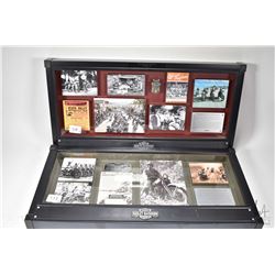 Two shadow boxed framed Harley Davidson collages including "Santa Fe, Harley Davidson" and "Red Rock