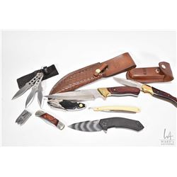 Six assorted knives including folding and hunting plus a vintage straight razor and a small multi to