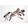 Image 1 : Selection of collectible knives including hunting knife in leather sheath, set of throwing knives, t