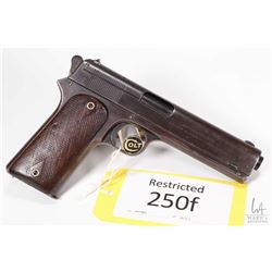 Restricted handgun Colt model 1905 (Dated 1908), 45 Auto seven shot semi automatic, w/ bbl length 12