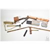 Image 1 : Vintage wood and metal clay pigeon thrower, military style gun cleaning kits, folding tape measures,