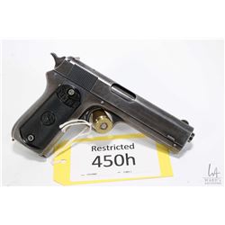 Restricted handgun Colt model 1903 Pocket, .38 Auto seven shot semi automatic, w/ bbl length 114mm [