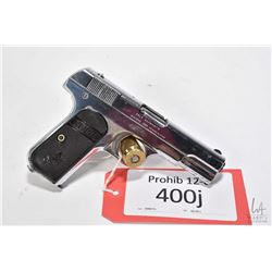 Prohib 12-6 handgun Colt model 1908 Hammerless, .380 Auto seven shot semi automatic, w/ bbl length 9