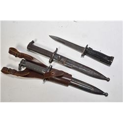 Three bayonets including JND US M5-1 Garand bayonet and two Swedish M-96 bayonets.