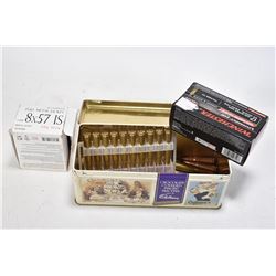 Metal ammo. tin and contents including two 20 count boxes of Norman 7.62 Russian, plus eleven 20 cou