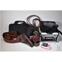 Selection of shooting equipment including a Tasco spotting scope with canvas case and locking hard c