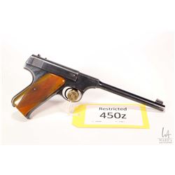 Restricted handgun Colt model Woodsman, .22 LR ten shot semi automatic, w/ bbl length 165mm [Blued f