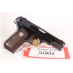 Prohib 12-6 handgun Colt model 1903 Pocket Hammerless, .38 auto eight shot semi automatic, w/ bbl le