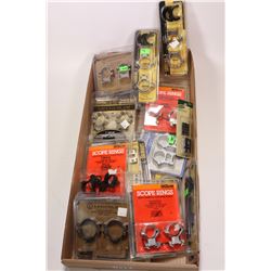 Selection of new in package scope rings and mounts, various makers including Leupold, Burris, Millet